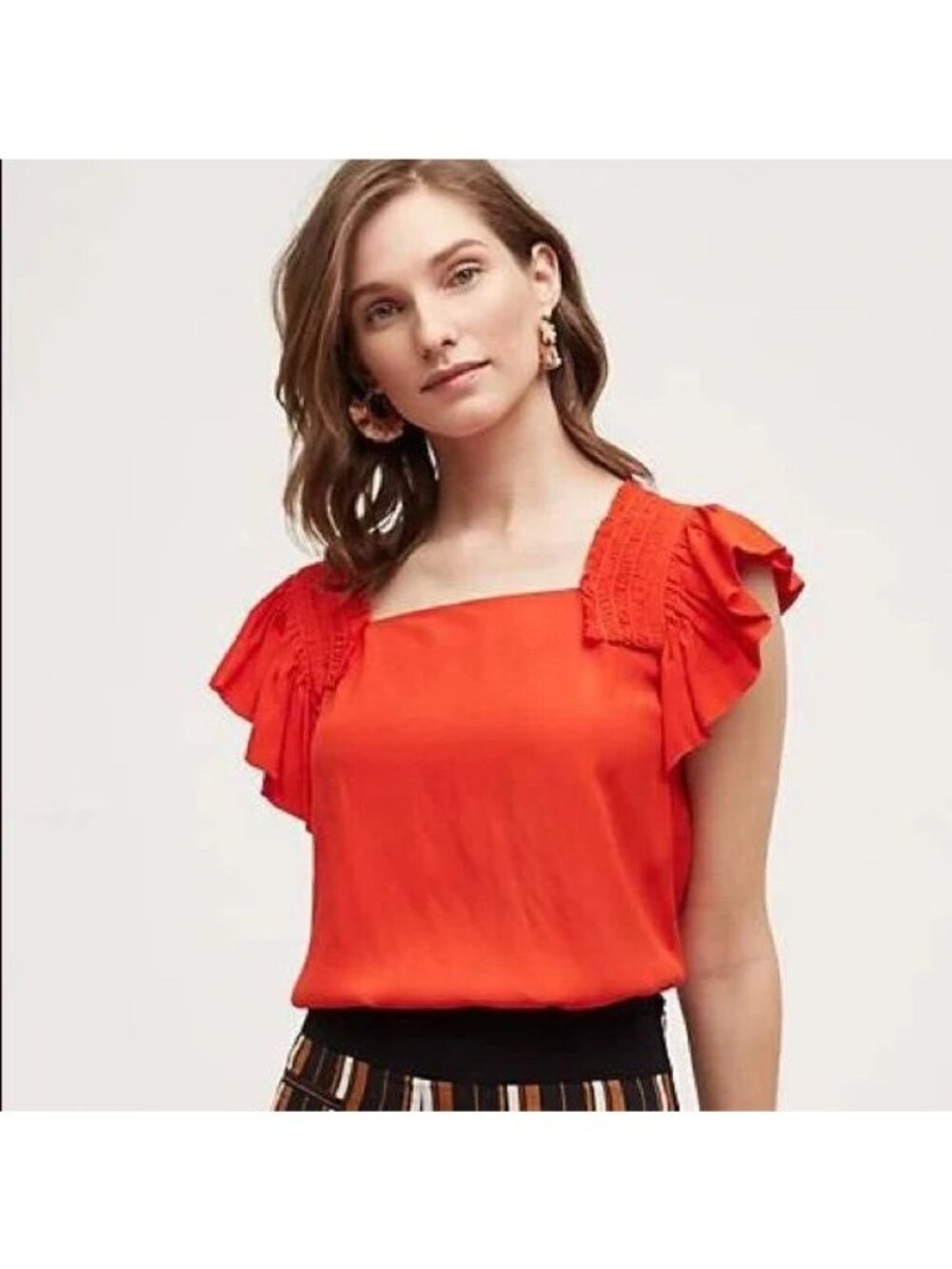 Anthropologie Maeve Red Ruffle Top 8 Smocked Square Neck Peasant Boho EUC